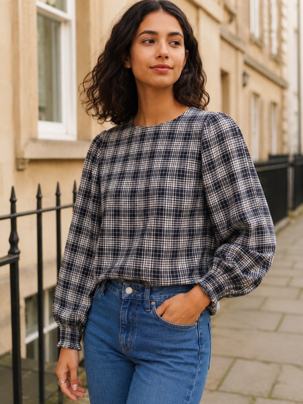 Zara Plaid Balloon Sleeve Tie Back Top XS Blue Black Boho